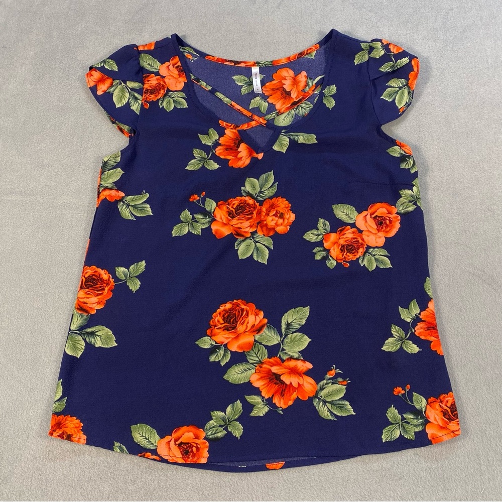 DNA Couture Women’s navy & orange Floral blouse, V-neck, cap sleeves, size S
